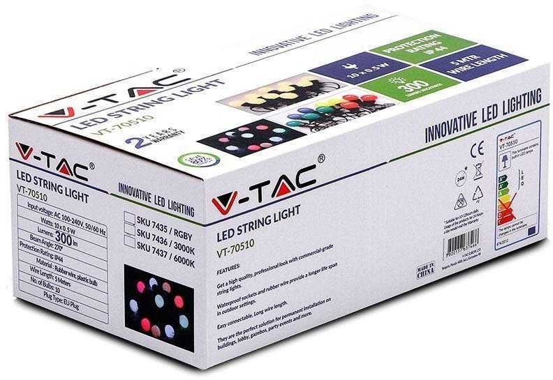 V-tac 10x0,50W LED lempučių juosta - girlianda su EURO jungtimi, IP44, RGB, laido ilgis 5m