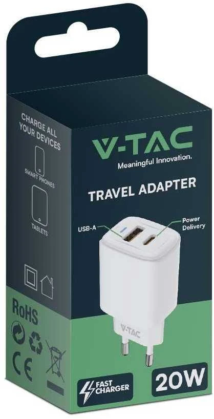 V-TAC 20W įkroviklis su USB-A ir C jungtimis pakuotėje