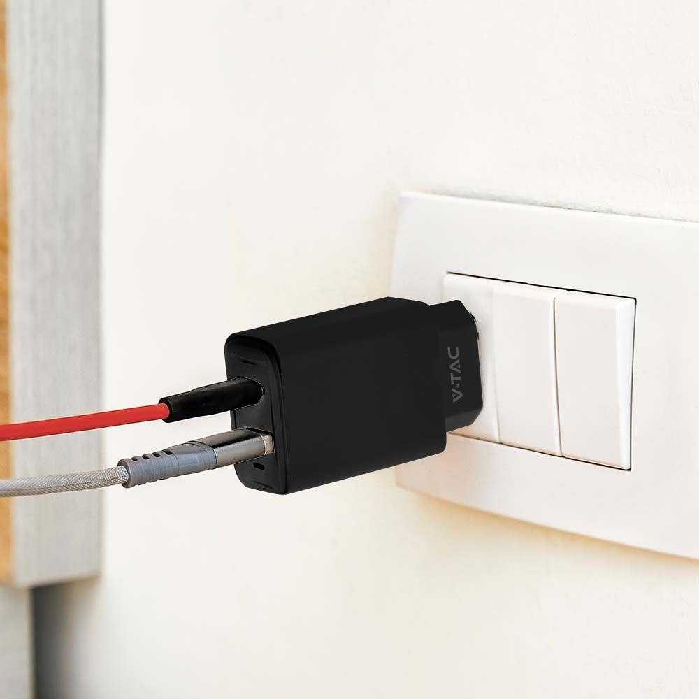 Įkroviklis USB V-TAC szybka 20W juoda mini dual USB type-A type-C VT-3530