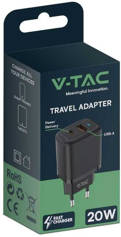 Įkroviklis USB V-TAC szybka 20W juoda mini dual USB type-A type-C VT-3530
