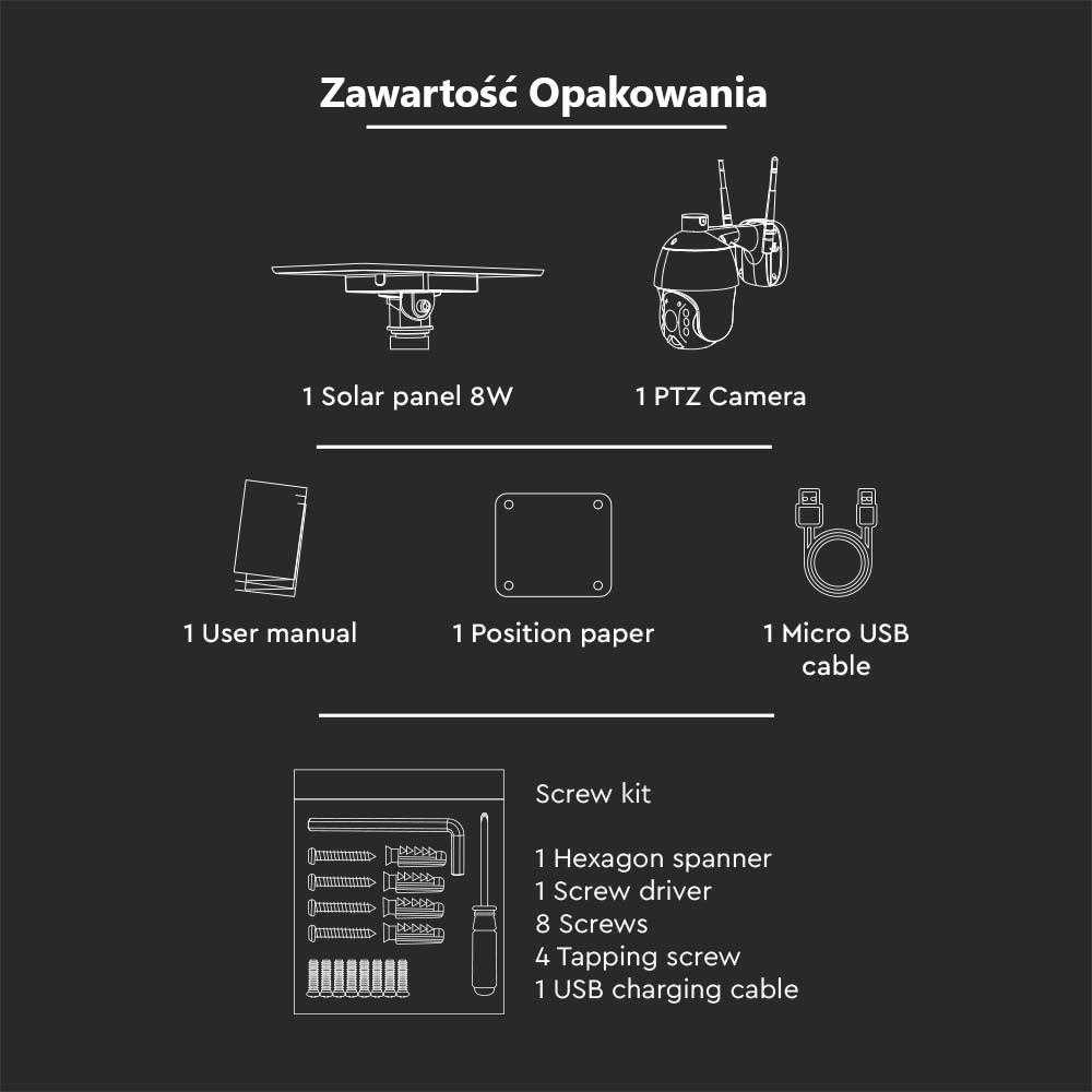 V-tac Valdoma HD 2MP WiFi apsaugos kamera, balta, su judesio davikliu ir saulės baterija
