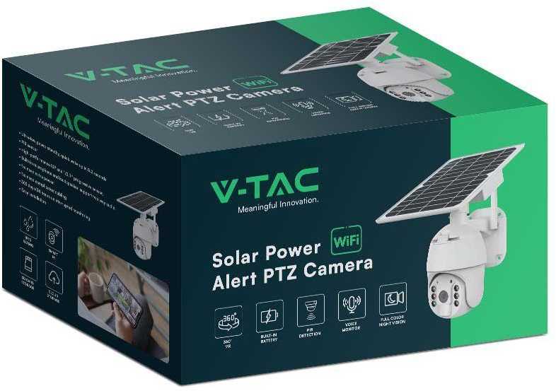 V-tac Valdoma HD 2MP WiFi apsaugos kamera, balta, su judesio davikliu ir saulės baterija