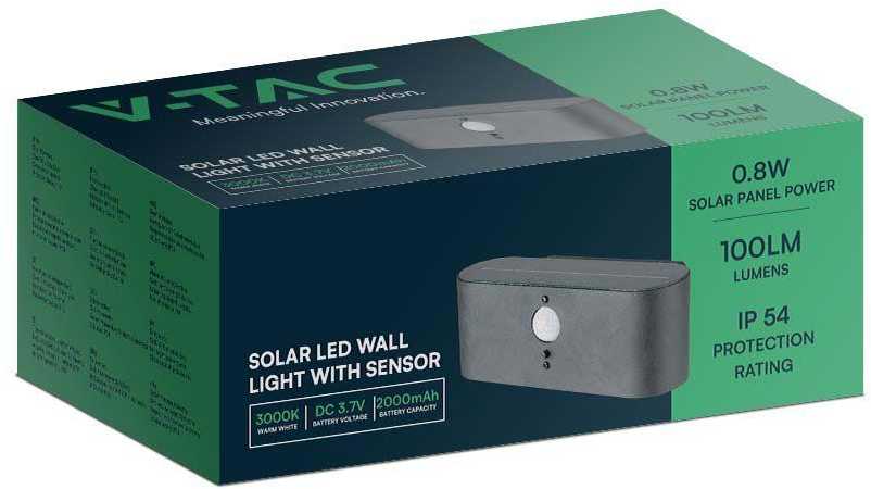 Sieninis šviestuvas V-tac 2,5W LED sieninis lauko šviestuvas su saulės baterija ir judesio davikliu, juodas, 3000K, IP54