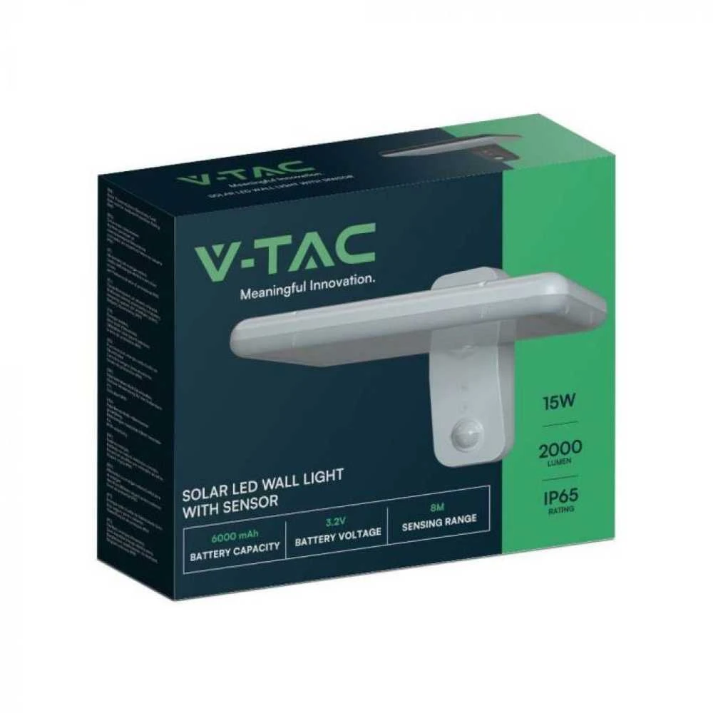 Sieninis šviestuvas V-tac 15W LED paviršinis šviestuvas su saulės baterija ir judesio davikliu, baltas, 4000/6000K
