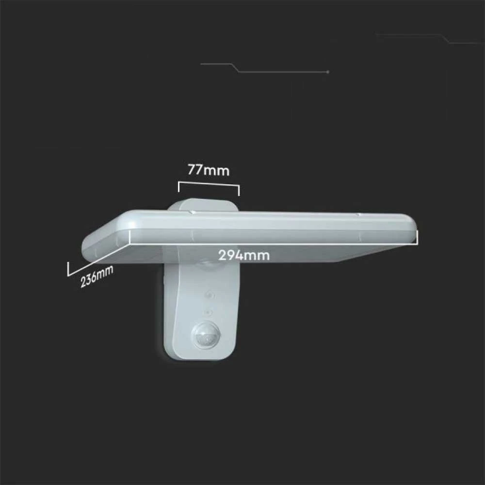 Sieninis šviestuvas V-tac 15W LED paviršinis šviestuvas su saulės baterija ir judesio davikliu, baltas, 4000/6000K