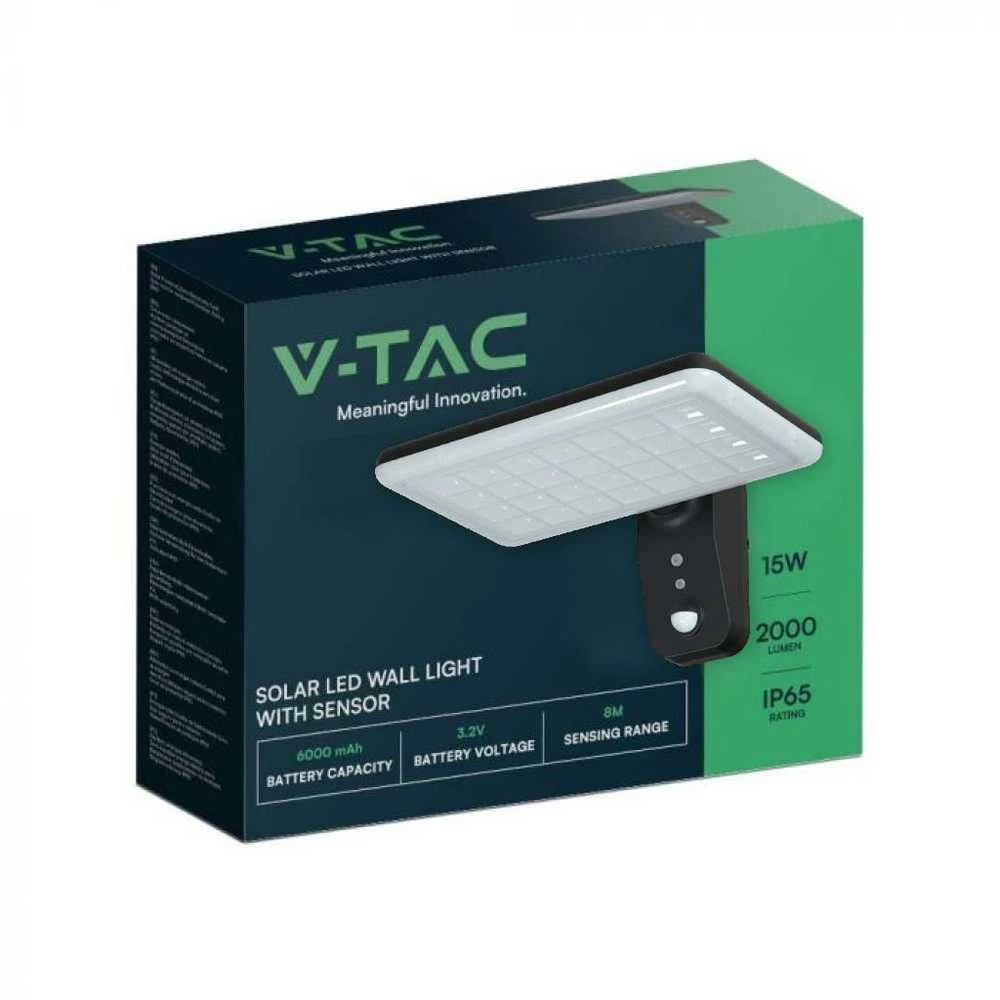 Sieninis šviestuvas V-tac 15W LED paviršinis šviestuvas su saulės baterija ir judesio davikliu, juodas, 4000/6000K
