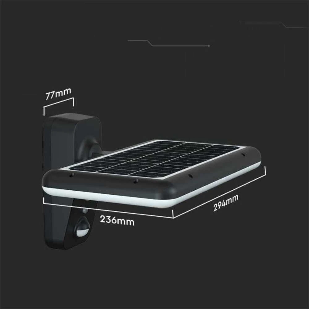 Sieninis šviestuvas V-tac 15W LED paviršinis šviestuvas su saulės baterija ir judesio davikliu, juodas, 4000/6000K