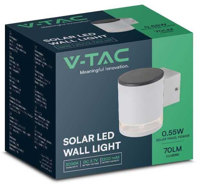 Sieninis šviestuvas V-tac 1W LED sieninis lauko šviestuvas su saulės baterija, baltas, 3000K, IP54