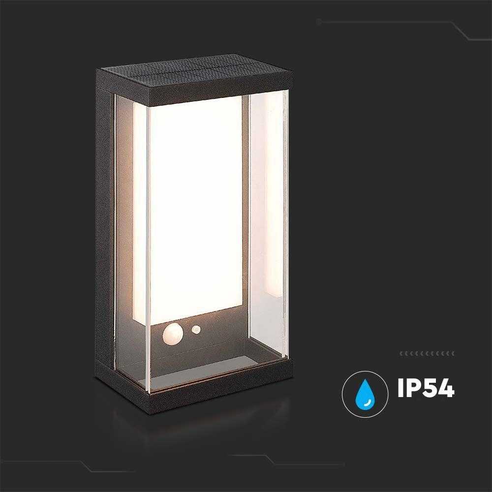 Sieninis šviestuvas V-tac 1W LED sieninis lauko šviestuvas su saulės baterija ir judesio davikliu, juodas, 3000K, IP54