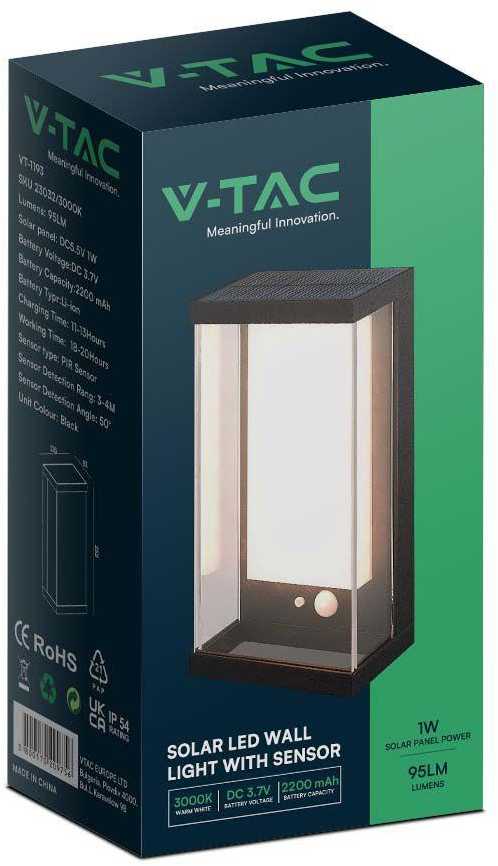 Sieninis šviestuvas V-tac 1W LED sieninis lauko šviestuvas su saulės baterija ir judesio davikliu, tamsiai pilkas, 3000K, IP54