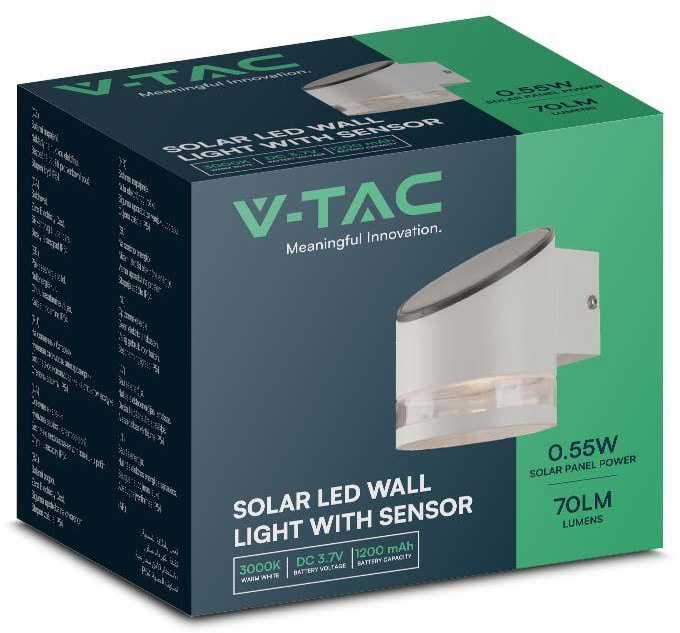 Sieninis šviestuvas V-tac 1W LED sieninis lauko šviestuvas su saulės baterija, baltas, 3000K, IP54