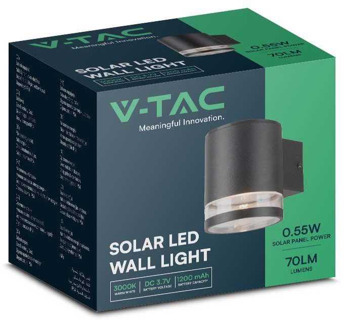 Sieninis šviestuvas V-tac 1W LED sieninis lauko šviestuvas su saulės baterija, juodas, 3000K, IP54