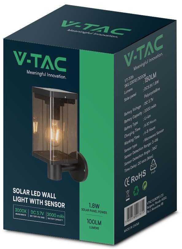 Sieninis šviestuvas V-tac 2,5W LED sieninis lauko šviestuvas su saulės baterija ir judesio davikliu, juodas, 3000K, IP54