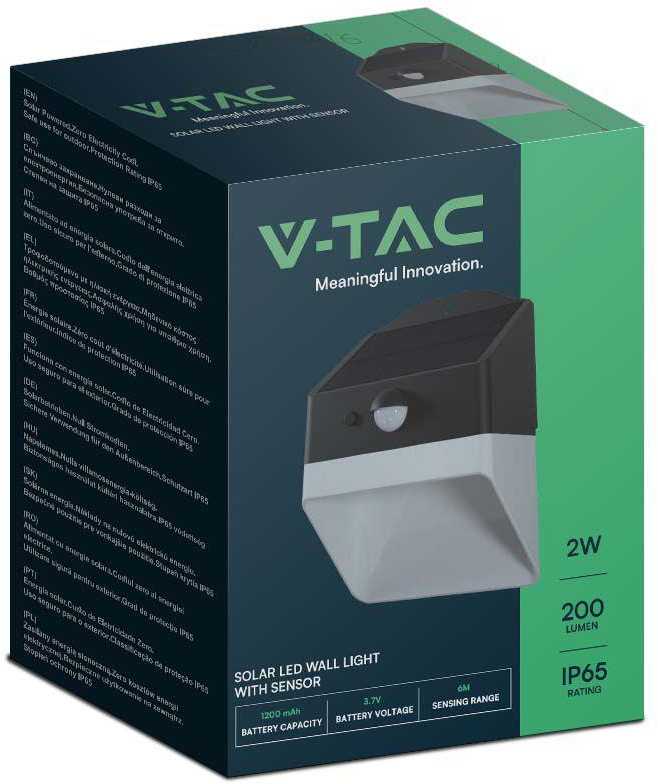 Sieninis šviestuvas V-tac 2W LED sieninis lauko šviestuvas su saulės baterija ir judesio davikliu, baltos/juodos sp., 4000K, IP65