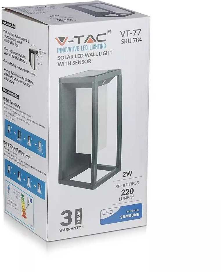 2W LED sieninis šviestuvas su saulės baterija, pilkas, 3000K (šiltai balta), SAMSUNG LED chip