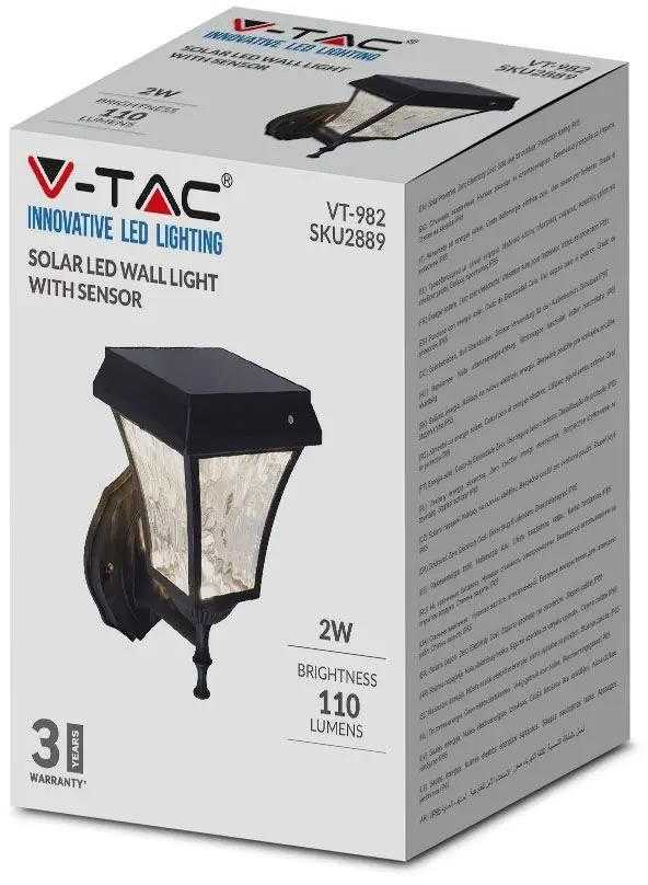 Sieninis šviestuvas V-tac 2W LED pastatomas lauko šviestuvas, juodas, su saulės baterija, IP44