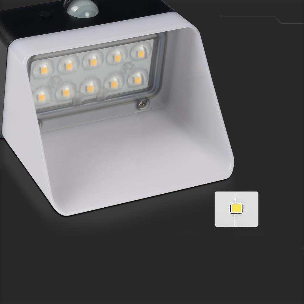 Sieninis šviestuvas V-tac 2W LED sieninis lauko šviestuvas su saulės baterija ir judesio davikliu, baltos/juodos sp., 4000K, IP65