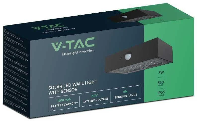 Sieninis šviestuvas V-tac 3W LED paviršinis šviestuvas su saulės baterija ir judesio davikliu, juodas, 3000/4000K