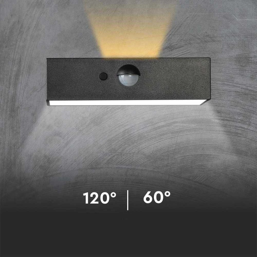 Sieninis šviestuvas V-tac 3W LED paviršinis šviestuvas su saulės baterija ir judesio davikliu, juodas, 3000/4000K