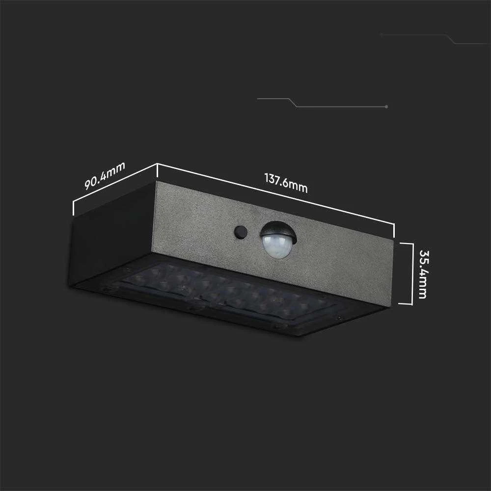 Sieninis šviestuvas V-tac 3W LED paviršinis šviestuvas su saulės baterija ir judesio davikliu, juodas, 3000/4000K