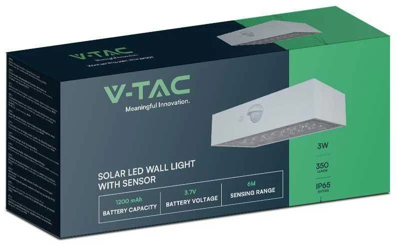 Sieninis šviestuvas V-tac 3W LED paviršinis šviestuvas su saulės baterija ir judesio davikliu, baltas, 3000/4000K