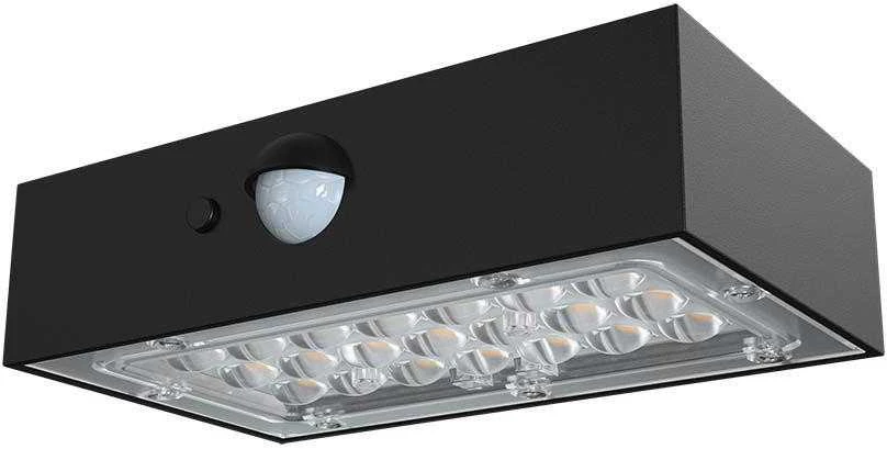 Sieninis šviestuvas V-tac 3W LED paviršinis šviestuvas su saulės baterija ir judesio davikliu, juodas, 3000/4000K
