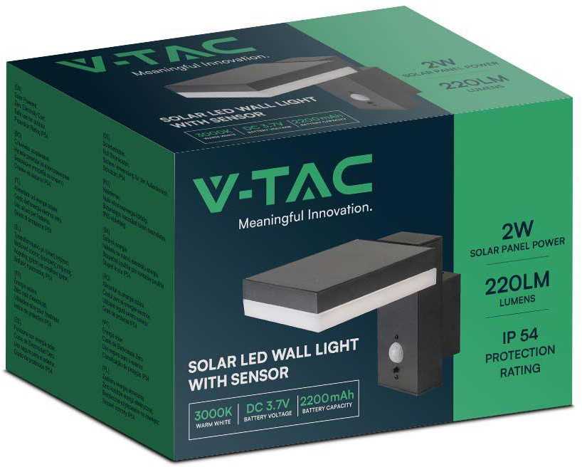 Sieninis šviestuvas V-tac 5,5W LED sieninis lauko šviestuvas su saulės baterija ir judesio davikliu, juodas, 3000K, IP54