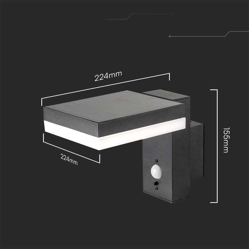 Sieninis šviestuvas V-tac 5,5W LED sieninis lauko šviestuvas su saulės baterija ir judesio davikliu, juodas, 3000K, IP54