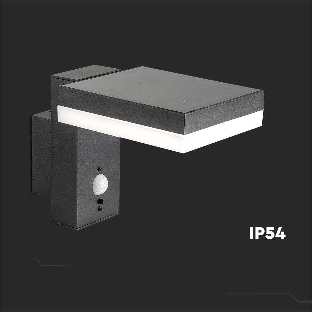 Sieninis šviestuvas V-tac 5,5W LED sieninis lauko šviestuvas su saulės baterija ir judesio davikliu, juodas, 3000K, IP54
