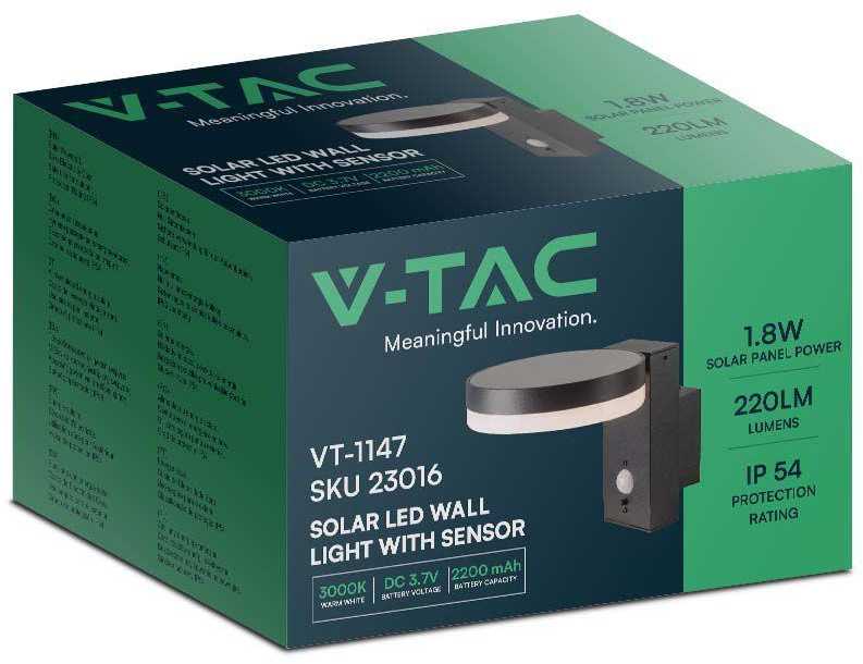 Sieninis šviestuvas V-tac 5,5W LED sieninis lauko šviestuvas su saulės baterija ir judesio davikliu, juodas, 3000K, IP54