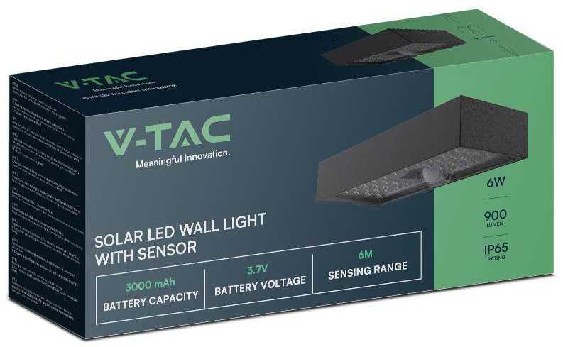 Sieninis šviestuvas V-tac 6W LED sieninis lauko šviestuvas su saulės baterija ir judesio davikliu, juodas, 4000K, IP65