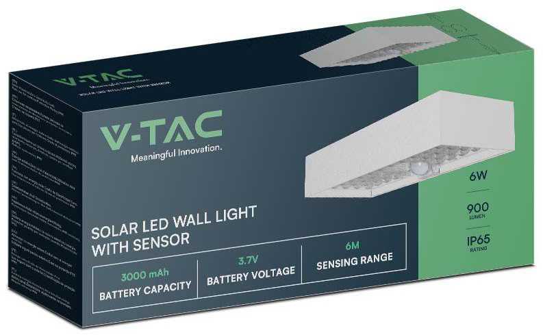 Sieninis šviestuvas V-tac 6W LED sieninis lauko šviestuvas su saulės baterija ir judesio davikliu, baltas, 4000K, IP65