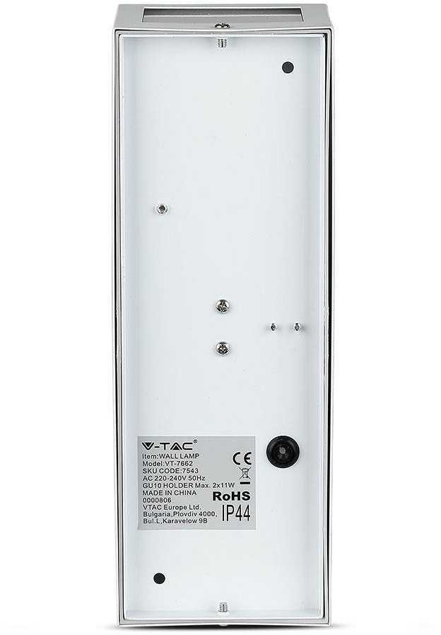 Sieninis šviestuvas Sieninis lauko šviestuvas V-TAC, IP44, GU10, baltas su juostom, kvadratinis, šviečia dviem kryptim.