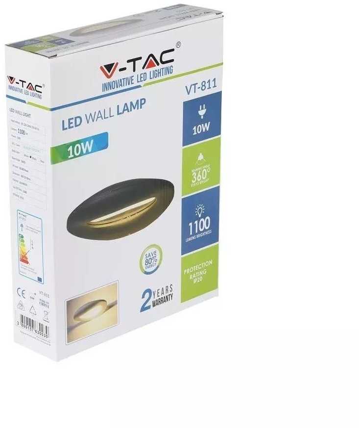 10W LED sieninis šviestuvas V-TAC, juodas, IP20, 3000K (šiltai balta)