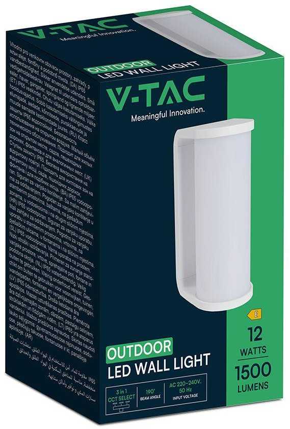 Sieninis šviestuvas V-tac 12W LED sieninis fasado šviestuvas, baltas, 3000/4000/6500K, IP65