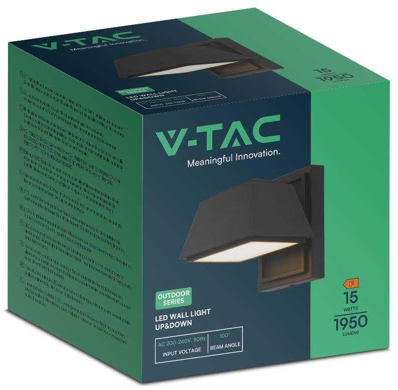 V-tac 15W LED sieninis šviestuvas, juodas, 3000K, IP65, šviečia į viršų ir į apačią