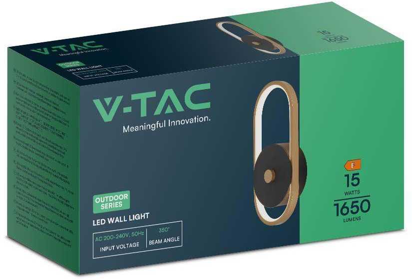 V-tac 15W LED sieninis šviestuvas, juodos/žalvario sp., 3000K, IP54