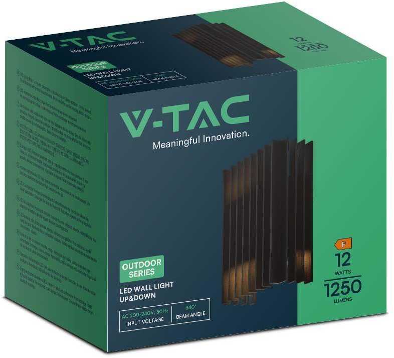 V-tac 12W LED sieninis šviestuvas, juodas, 4000K, IP65, šviečia į viršų ir į apačią