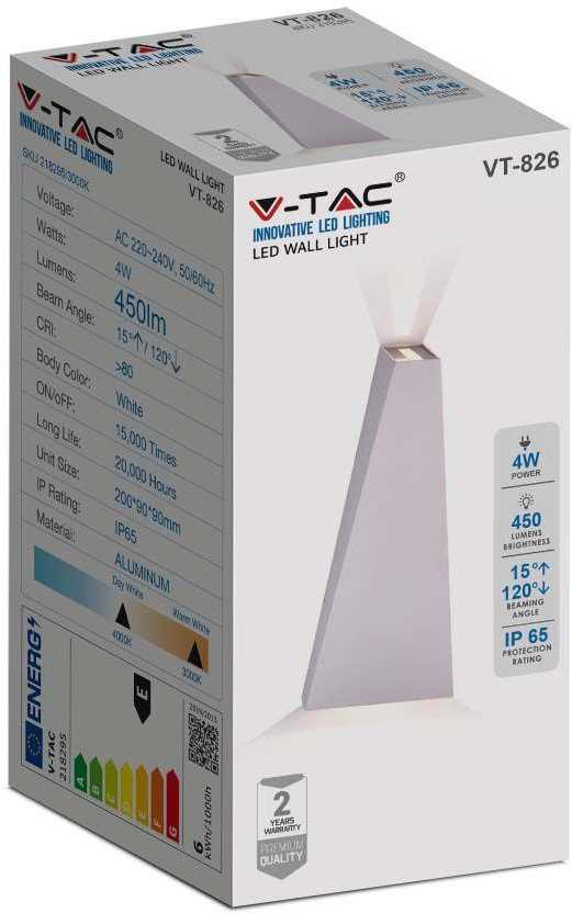 Sieninis šviestuvas V-tac 6W sieninis lauko šviestuvas, baltas, 3000K, IP65