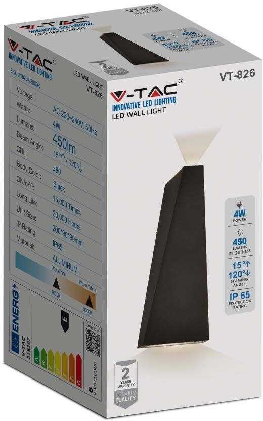 Sieninis šviestuvas V-tac 6W sieninis lauko šviestuvas, juodas, 3000K, IP65