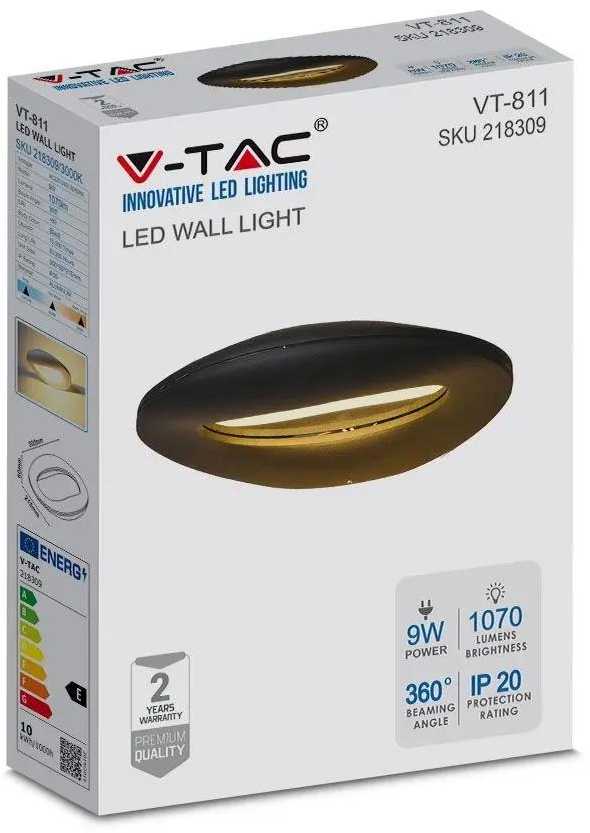 V-tac 9W LED sieninis šviestuvas, juodas, 3000K