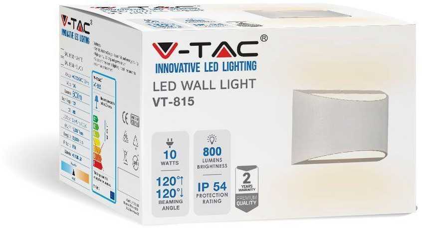 V-tac 10W LED sieninis šviestuvas, baltas, 4000K, IP54