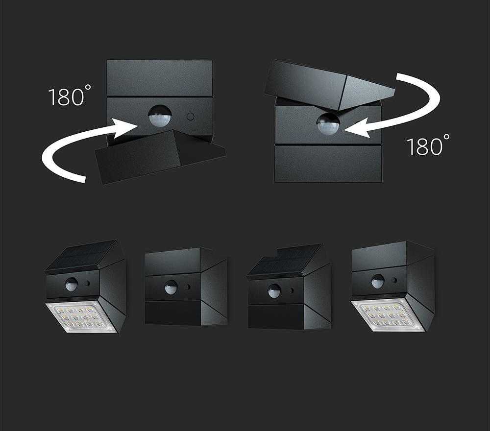 Sieninis šviestuvas V-tac 2,5W LED sieninis įkraunamas šviestuvas su saulės baterija ir judesio davikliu, juodas, 3000/4000/6000K, IP65