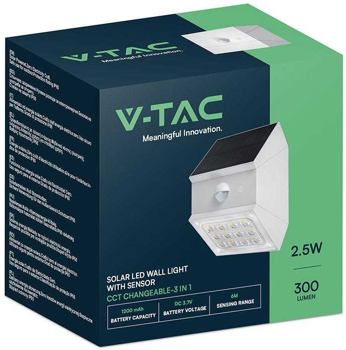 Sieninis šviestuvas V-tac 2,5W LED sieninis įkraunamas šviestuvas su saulės baterija ir judesio davikliu, baltas, 3000/4000/6000K, IP65