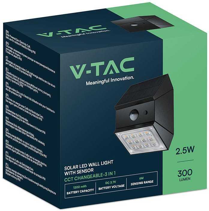 Sieninis šviestuvas V-tac 2,5W LED sieninis įkraunamas šviestuvas su saulės baterija ir judesio davikliu, juodas, 3000/4000/6000K, IP65