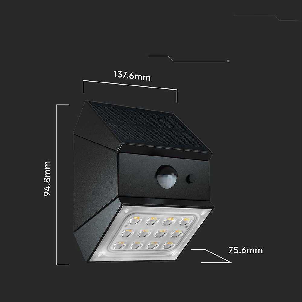 Sieninis šviestuvas V-tac 2,5W LED sieninis įkraunamas šviestuvas su saulės baterija ir judesio davikliu, juodas, 3000/4000/6000K, IP65