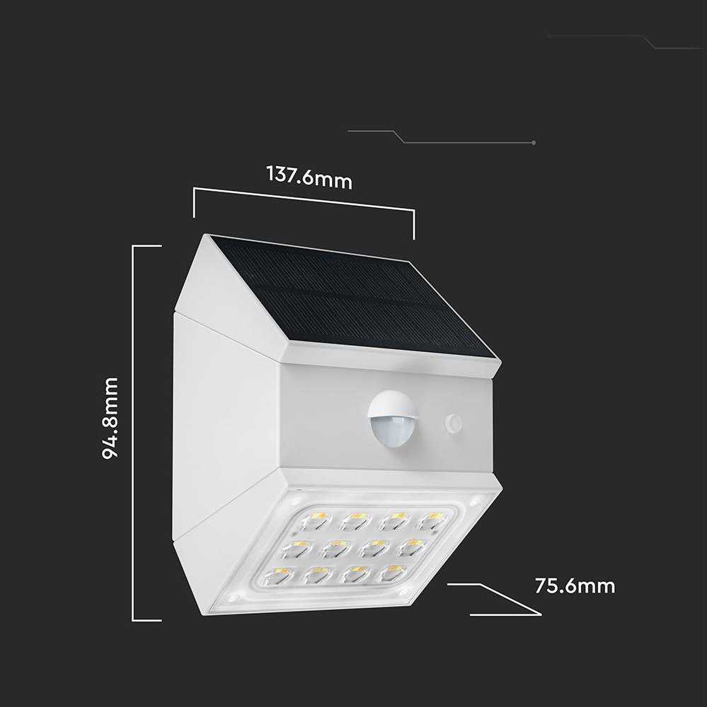 Sieninis šviestuvas V-tac 2,5W LED sieninis įkraunamas šviestuvas su saulės baterija ir judesio davikliu, baltas, 3000/4000/6000K, IP65