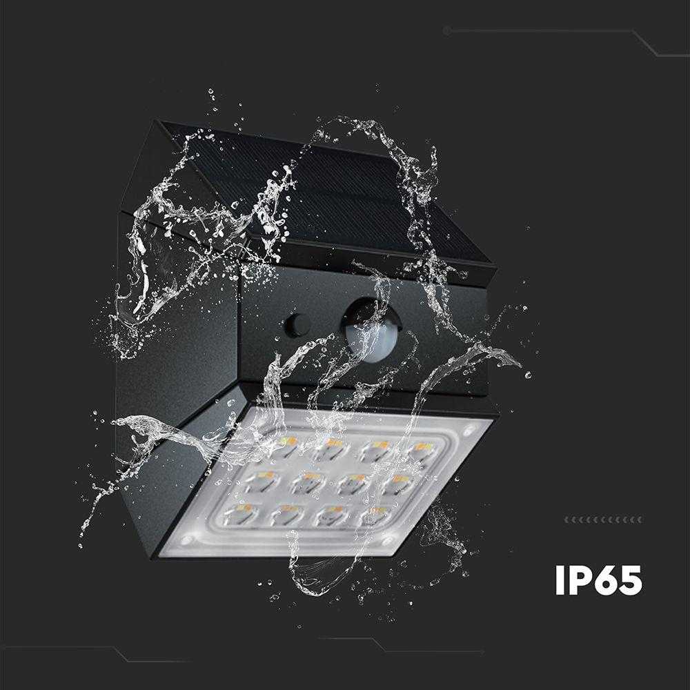 Sieninis šviestuvas V-tac 2,5W LED sieninis įkraunamas šviestuvas su saulės baterija ir judesio davikliu, juodas, 3000/4000/6000K, IP65