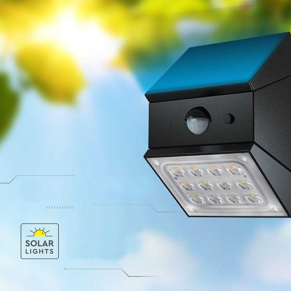 Sieninis šviestuvas V-tac 2,5W LED sieninis įkraunamas šviestuvas su saulės baterija ir judesio davikliu, juodas, 3000/4000/6000K, IP65
