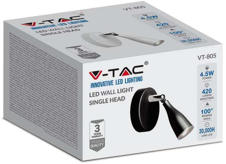 V-tac 4,5W LED sieninis šviestuvas, juodas, 3000K